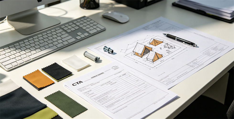 Inflatable tent drawings and material swatches arranged for task-based selection
