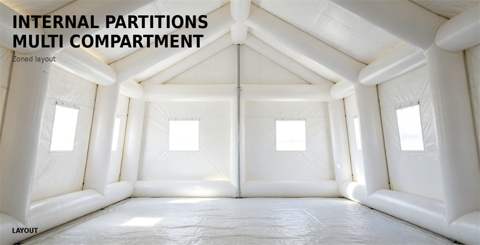 White internal partitions create separate working areas inside an inflatable tent