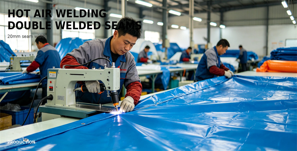 A worker welds coated fabric seams for inflatable tent production for bulk procurement review