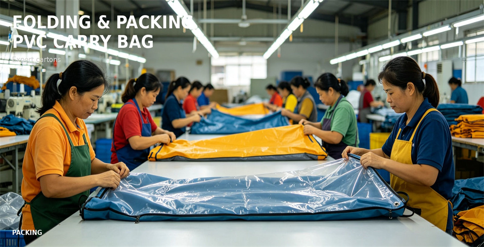 Workers fold an inflatable tent body for packing for bulk procurement review and rapid shelter deployment