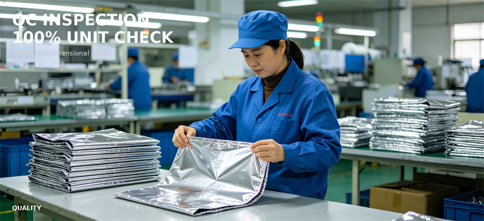 Factory worker inspecting finished emergency foil blankets before packing for bulk procurement review