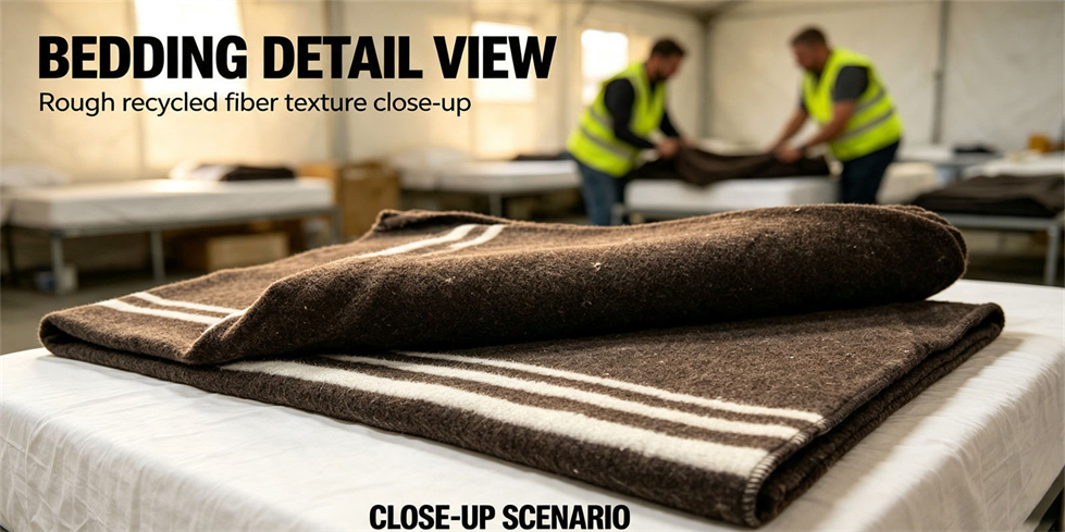 Emergency blanket field-use scene showing recycled fiber brown scene for institutional procurement review