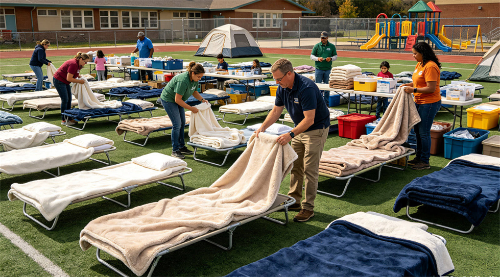 Emergency blanket temporary shelter use showing solid color tan scene for institutional procurement review Emergency blanket temporary shelter use showing solid color tan scene for institutional procurement review