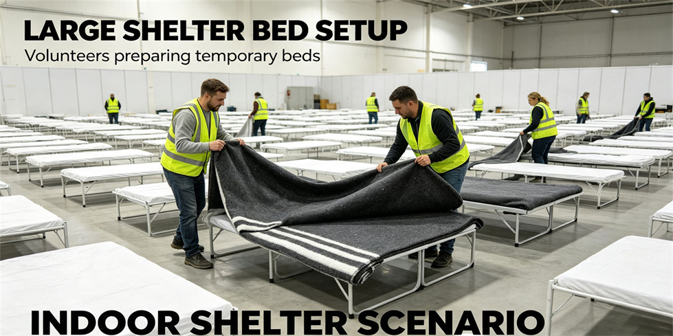 Emergency blanket field-use scene showing recycled fiber light gray for institutional procurement review