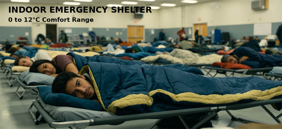 Sleeping bags arranged in an indoor emergency shelter for overnight accommodation planning Sleeping bags arranged in an indoor emergency shelter for overnight accommodation planning