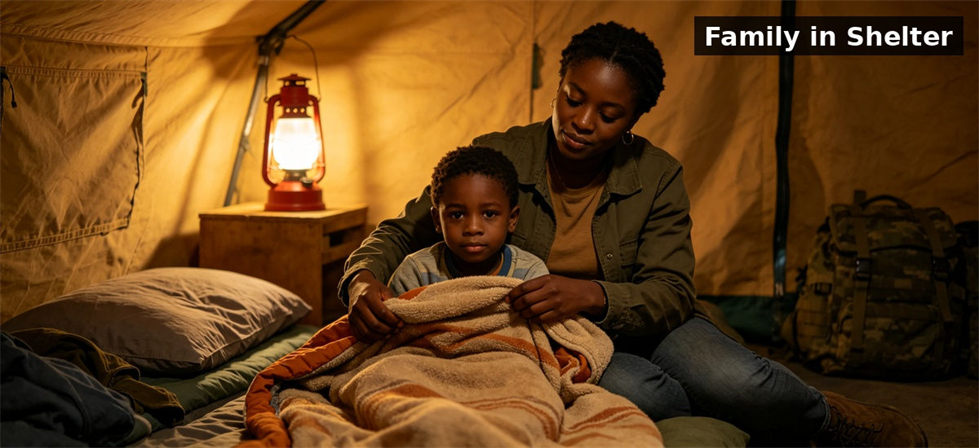 Family using emergency bedding inside a temporary shelter during relief operations