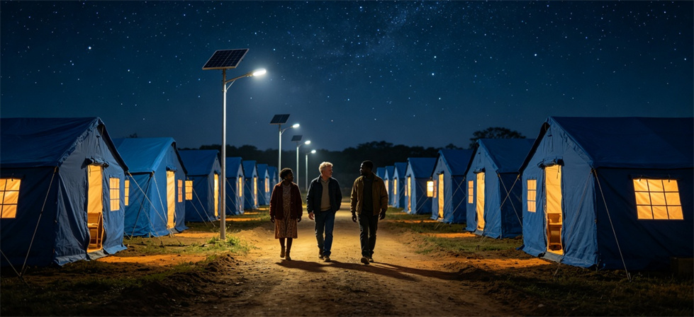 Relief tent camp night shown for accommodation tent layout step by step in institutional relief tent procurement planning