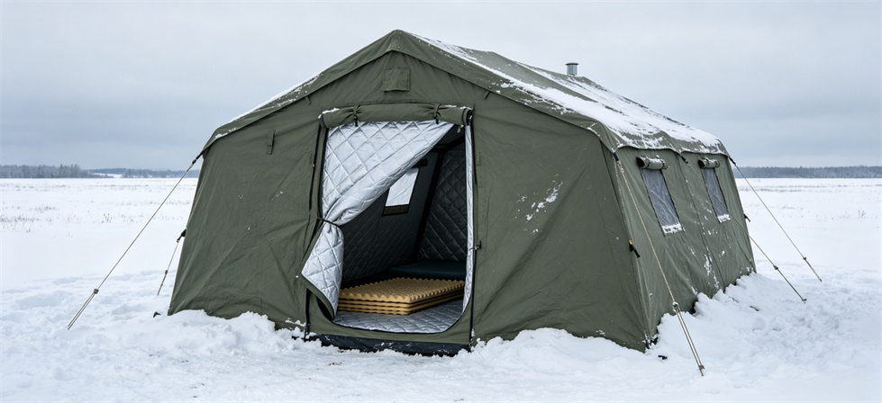 Relief tent cold weather shown for camp level layout planning in institutional relief tent procurement planning