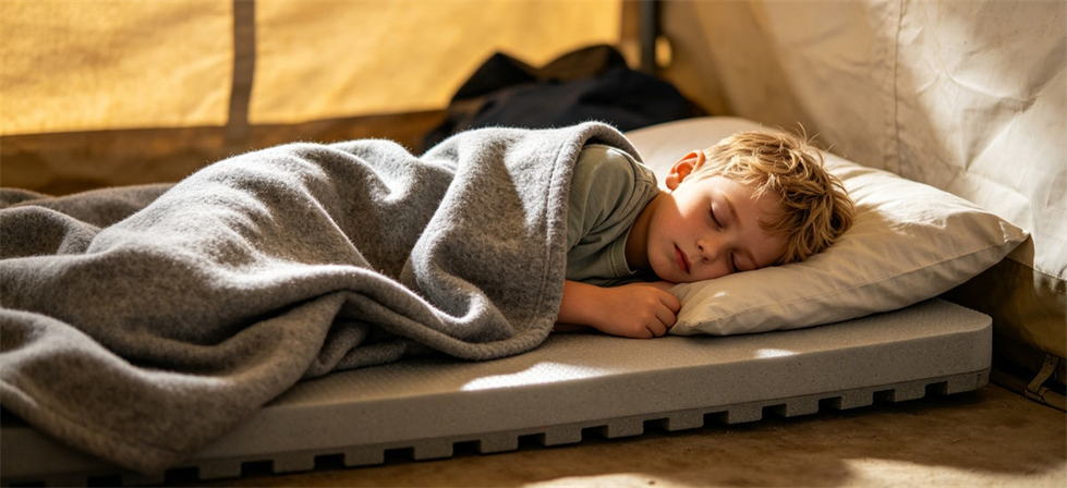 Blanket used on a camp bed inside a temporary shelter for institutional bulk procurement review