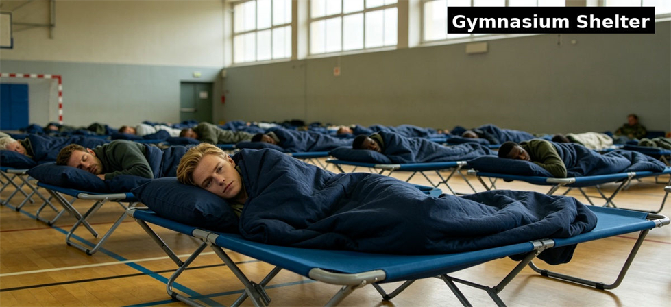 Sleeping bags used on camp beds inside a gymnasium emergency shelter for government stockpile, institutional supply and