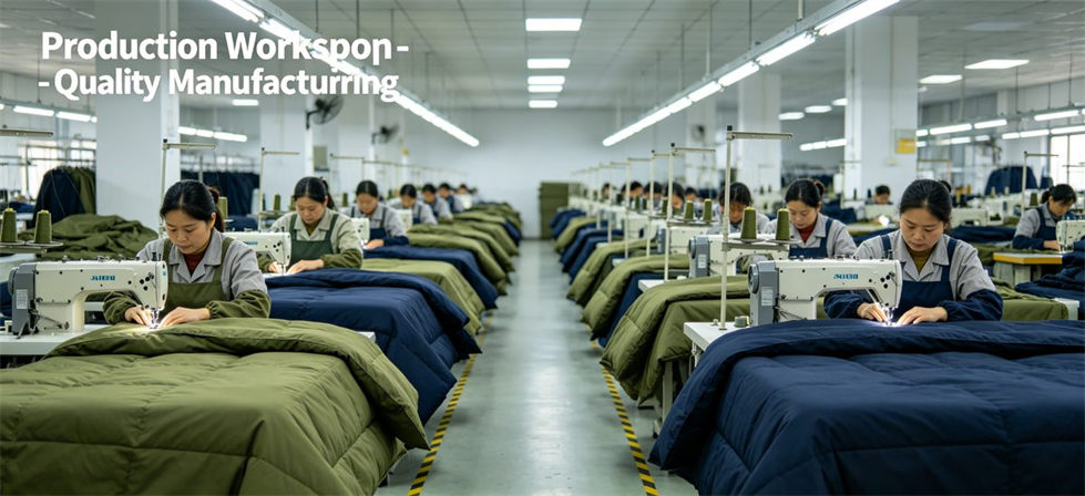 Military textile production workshop manufacturing durable fabric goods for large institutional bulk procurement orders