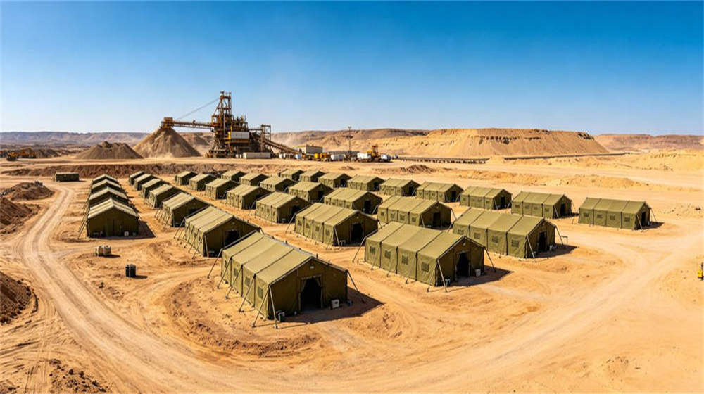 Remote mining camp accommodation tents in desert location for worker housing and field deployment Remote mining camp accommodation tents in desert location for worker housing and field deployment