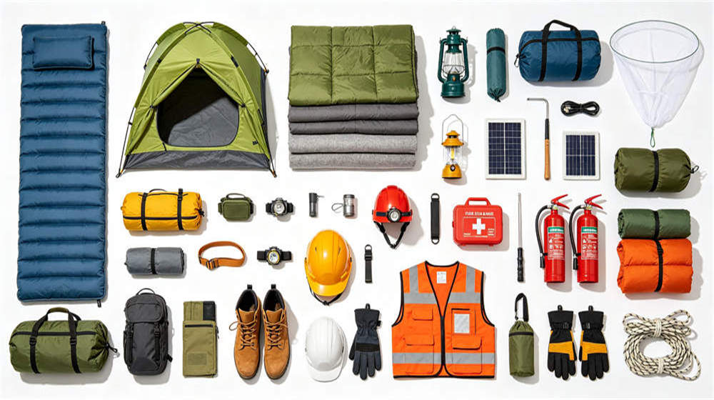 Complete remote camp supplies checklist flat lay with tents bedding lighting PPE and emergency equipment