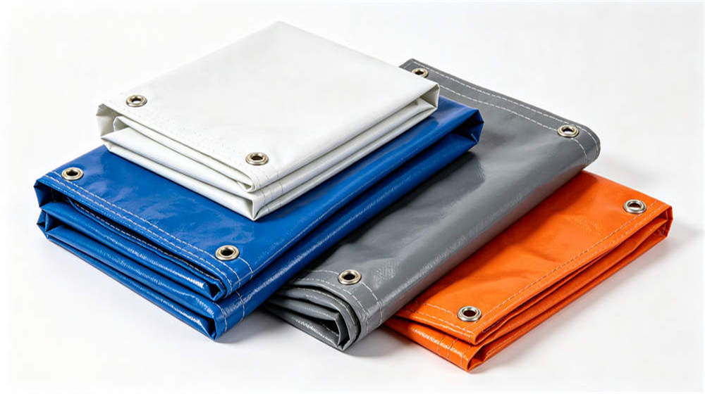 Multiple PVC tarpaulins in white blue grey orange for equipment covers and weather protection