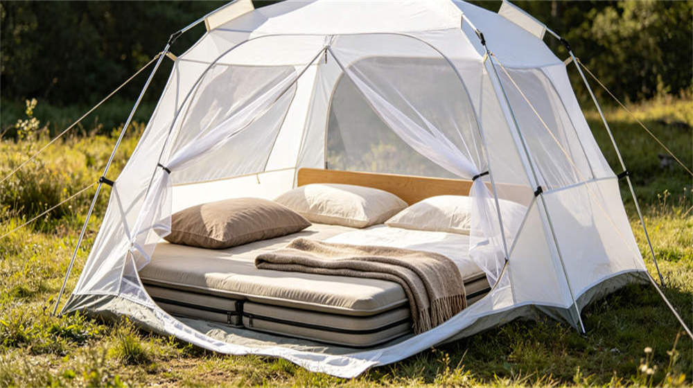 Remote camp tent and bedding combination showing complete accommodation setup