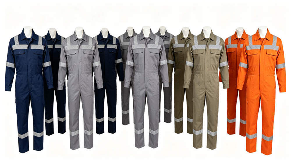 Multiple work coveralls in navy grey khaki orange with reflective strips for workers