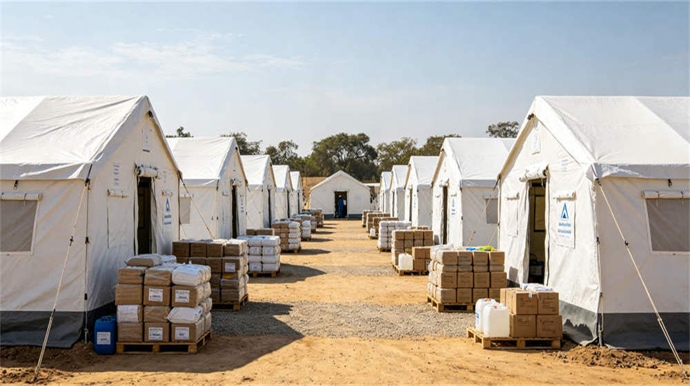 Mining camp accommodation overview with worker tents and site facilities