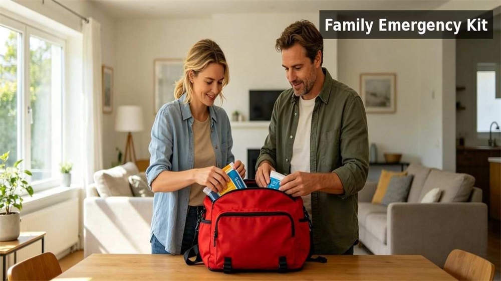 Family packing 72 hour emergency kit with food water and first aid supplies at home