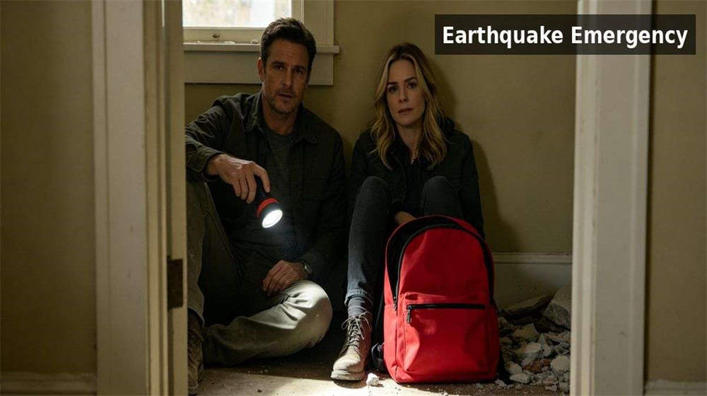 Earthquake emergency scenario family taking shelter under table with flashlight and first aid kit