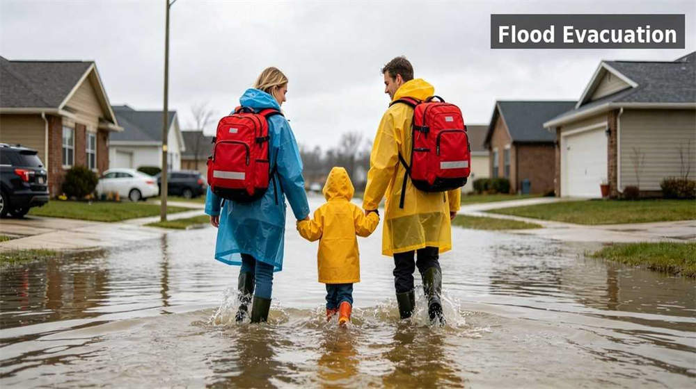 Flood evacuation family carrying emergency backpacks walking through shallow water with rain ponchos