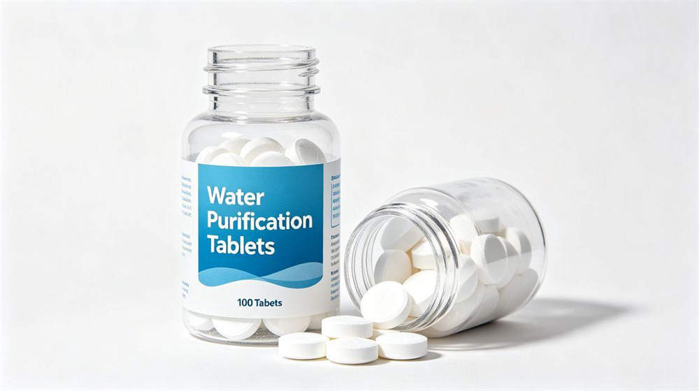 Water purification tablets labeled bottle 100 tablets for safe drinking water in emergencies