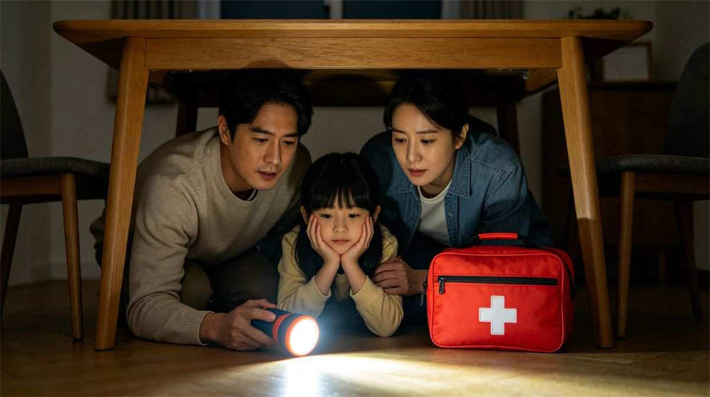 Earthquake emergency family using 72 hour kit supplies taking shelter under dining table
