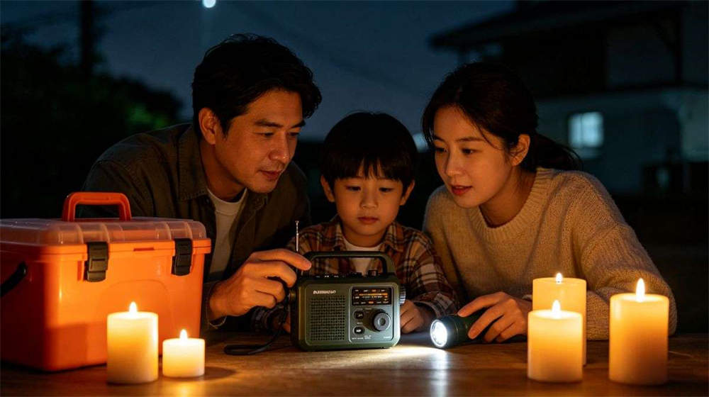 Power outage family using hand crank radio and flashlight with candles warm ambient light