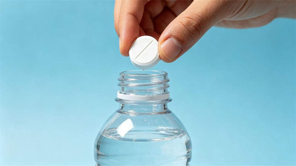 Water purification tablets being used dropping tablet into clear water bottle close up detail