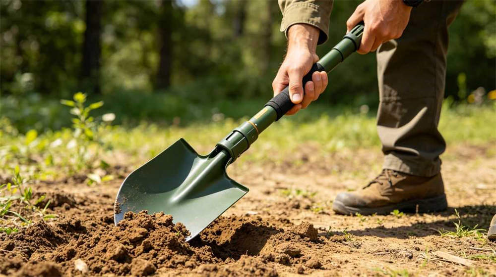 Folding emergency shovel being used to dig in soil outdoor setting bright daylight