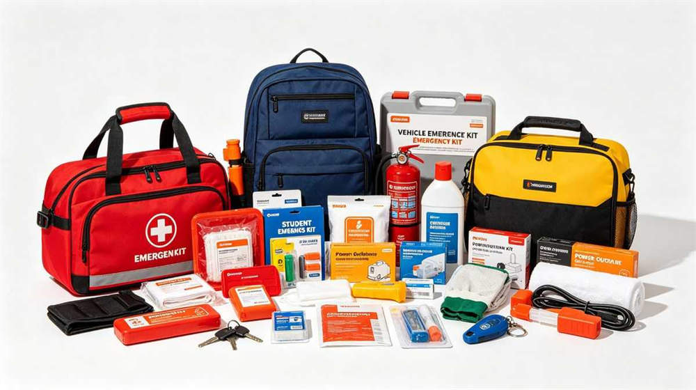 Related emergency kits display vehicle student and power outage kits arranged together multiple styles Related emergency kits display vehicle student and power outage kits arranged together multiple styles