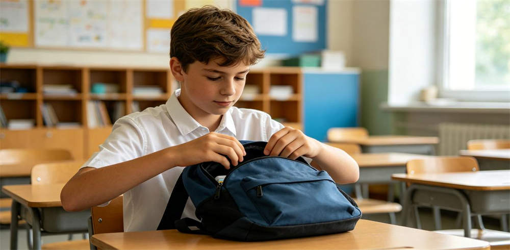 Student putting personal emergency kit into school backpack in classroom Student putting personal emergency kit into school backpack in classroom
