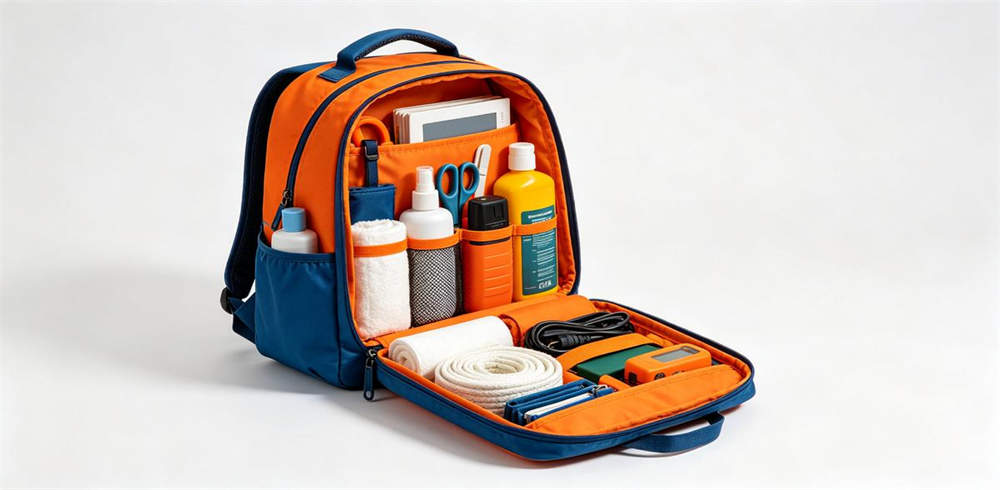 Family all-purpose emergency kit backpack open showing organized contents Family all-purpose emergency kit backpack open showing organized contents