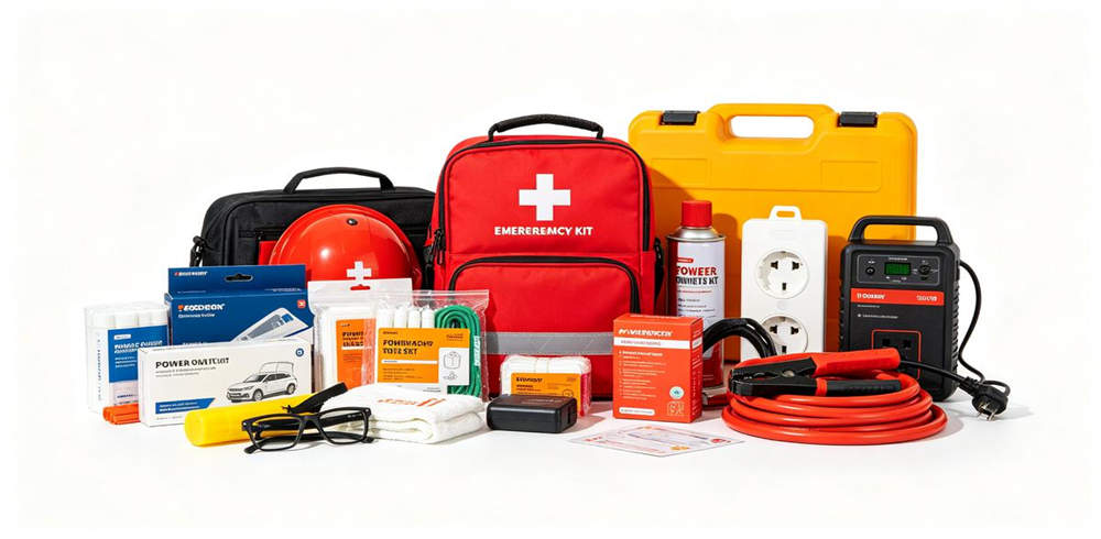 Related emergency products vehicle kit first aid kit and power outage kit arranged Related emergency products vehicle kit first aid kit and power outage kit arranged