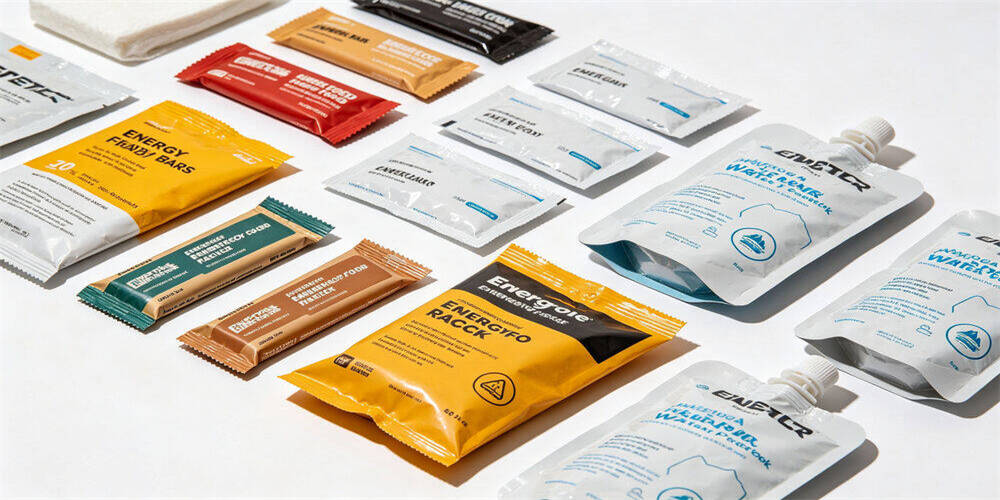 Emergency food water supplies on white background, assorted energy bars, ration packs and drinking water pouches for disaster rescue, school evacuation and B2B emergency preparedness bulk procurement