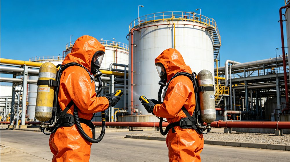 Level A hazmat team inspecting chemical plant equipment during an industrial emergency response