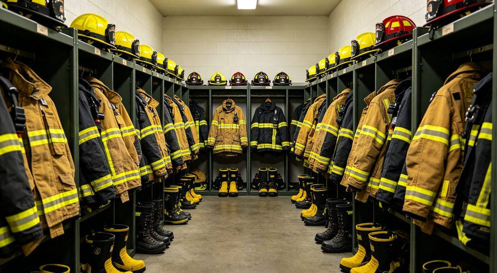 Fire station gear locker room with rows of firefighter turnout gear, helmets and boots organized Fire station gear locker room with rows of firefighter turnout gear, helmets and boots organized