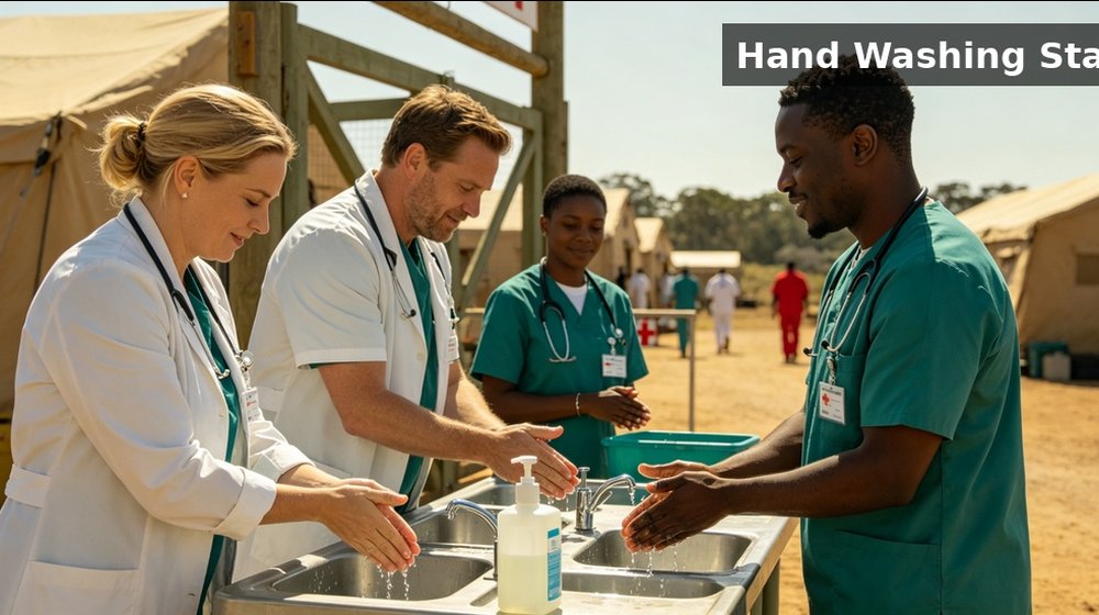Hospital field medical supply image showing hand washing station camp scene for temporary clinics, disaster response and institutional procurement Hospital field medical supply image showing hand washing station camp scene for temporary clinics, disaster response and institutional procurement