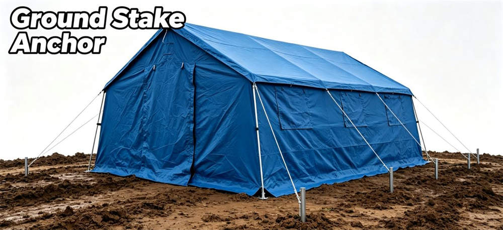 Relief tent anchoring on muddy ground with metal ground stakes