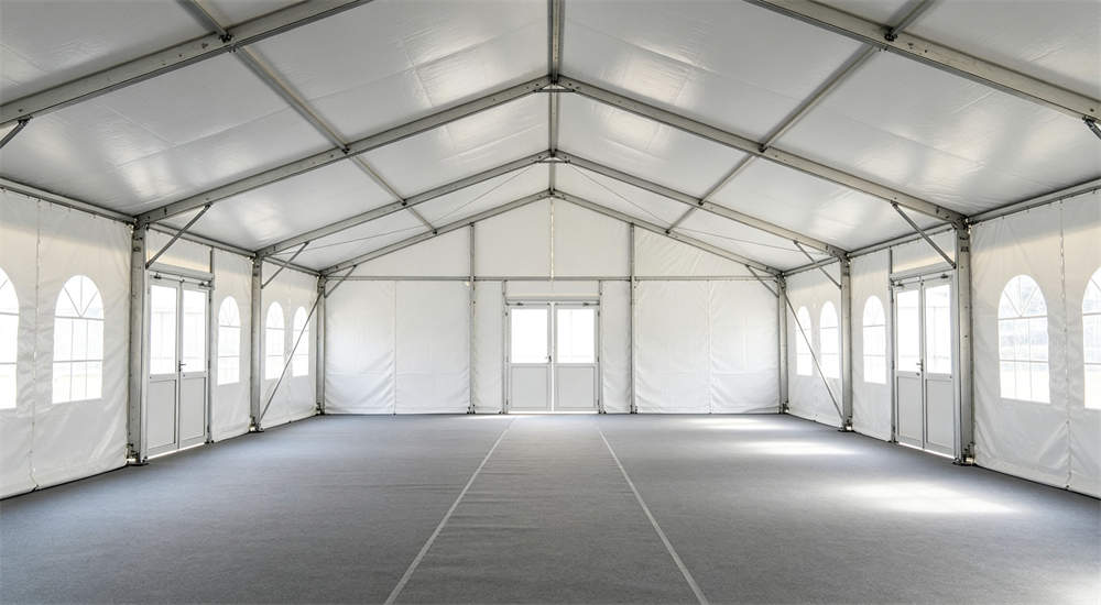 large commercial frame tent interior layout and aisle space