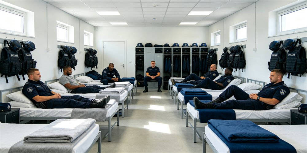 Police station checkpoint winter duty with wool blanket and cold weather sleeping bag
