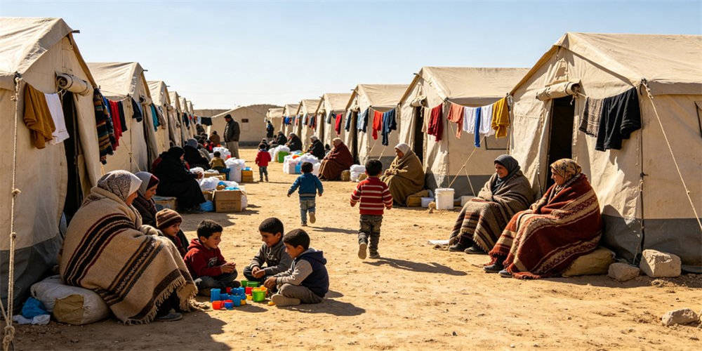 Refugee camp during daytime with families wrapped in wool blankets for warmth
