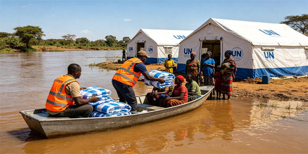 Flood disaster relief in Africa with rescue workers distributing emergency blankets and sleeping bags