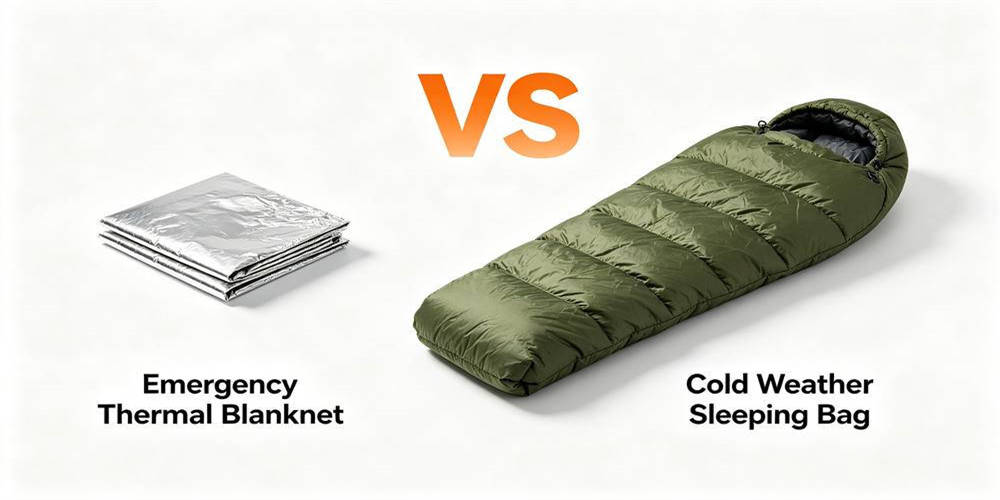 Comparison of emergency thermal blanket vs cold weather sleeping bag use cases