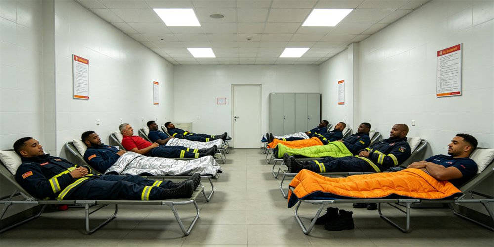 Fire rescue night operation with crew resting in temporary shelter under wool blankets