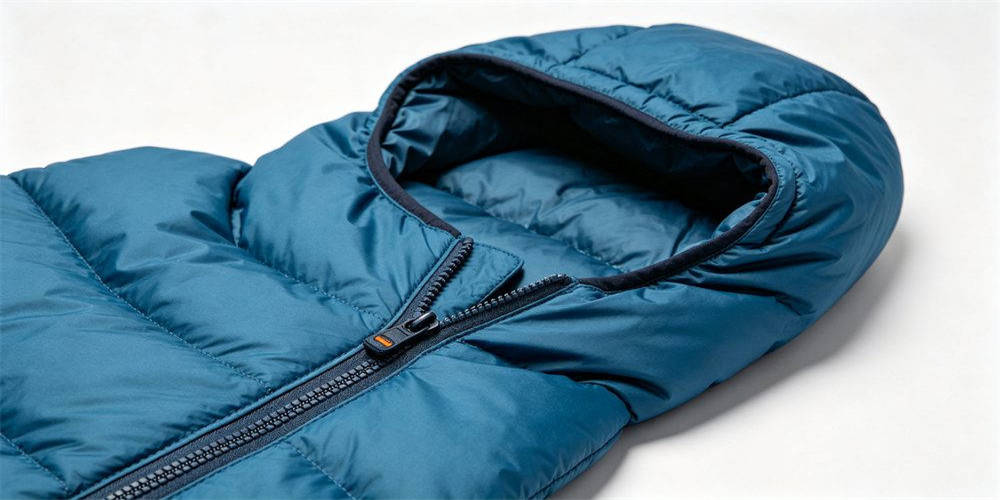 Close up detail of sleeping bag zipper and construction quality