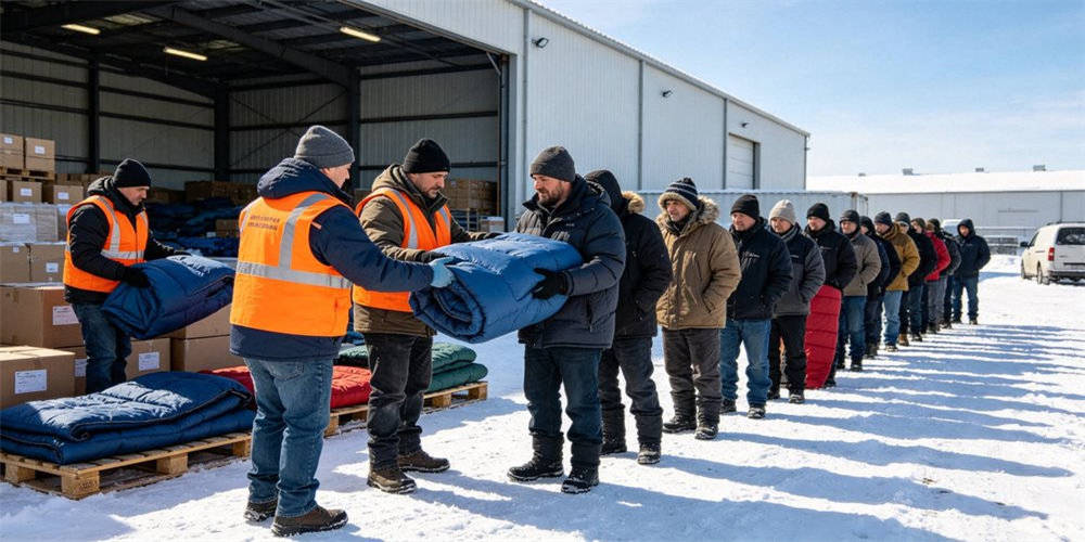 Cold weather distribution of heavy sleeping bags and wool blankets for winter emergency response
