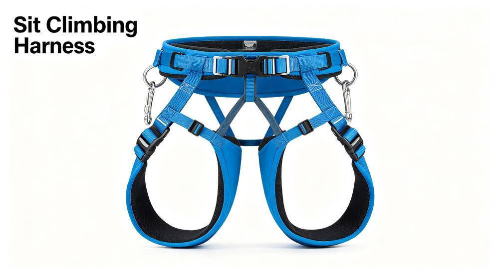 Blue sit climbing harness for rope rescue and industrial rope access on white background Blue sit climbing harness for rope rescue and industrial rope access on white background