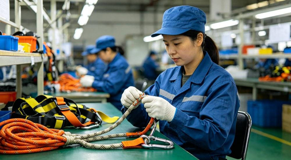 Factory quality inspection team checking rope and harness production quality
