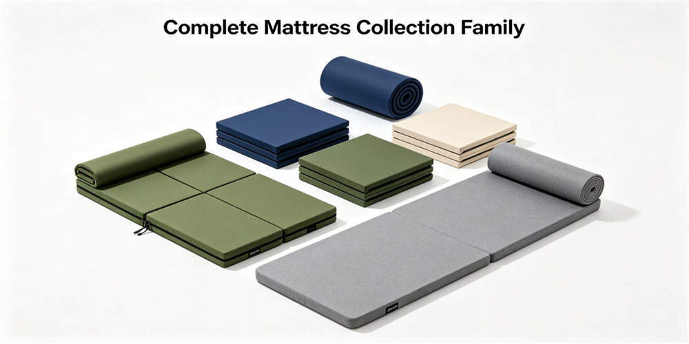 Complete collection of foldable and roll‑up compressed foam mattresses in multiple colors for emergency shelter use