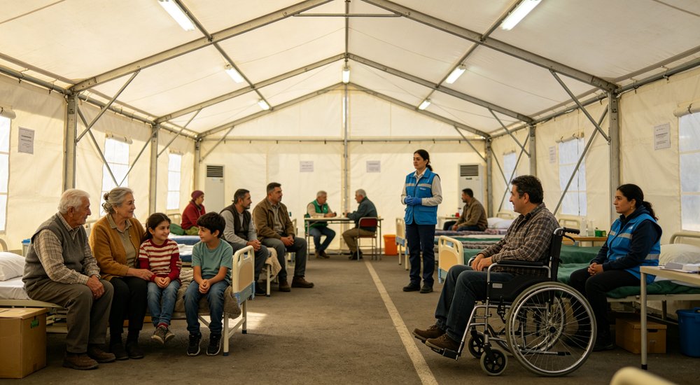 Diverse user groups inside frame tent shelter